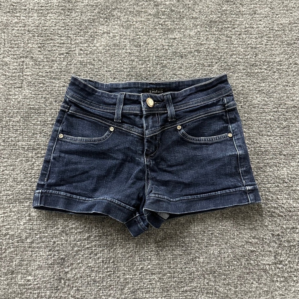 Bebe Denim Shorts Womens Size 26 Dark Wash Rhinestone High Waist Cuffed USA Made